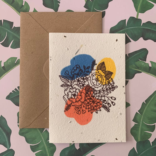 Floral Blue, Yellow & Orange Abstract Plantable Seed Card